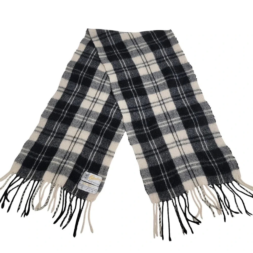 Glentana Scotland Black White Plaid 100%‎ Lambswool Fringed Winter Scarf Unisex